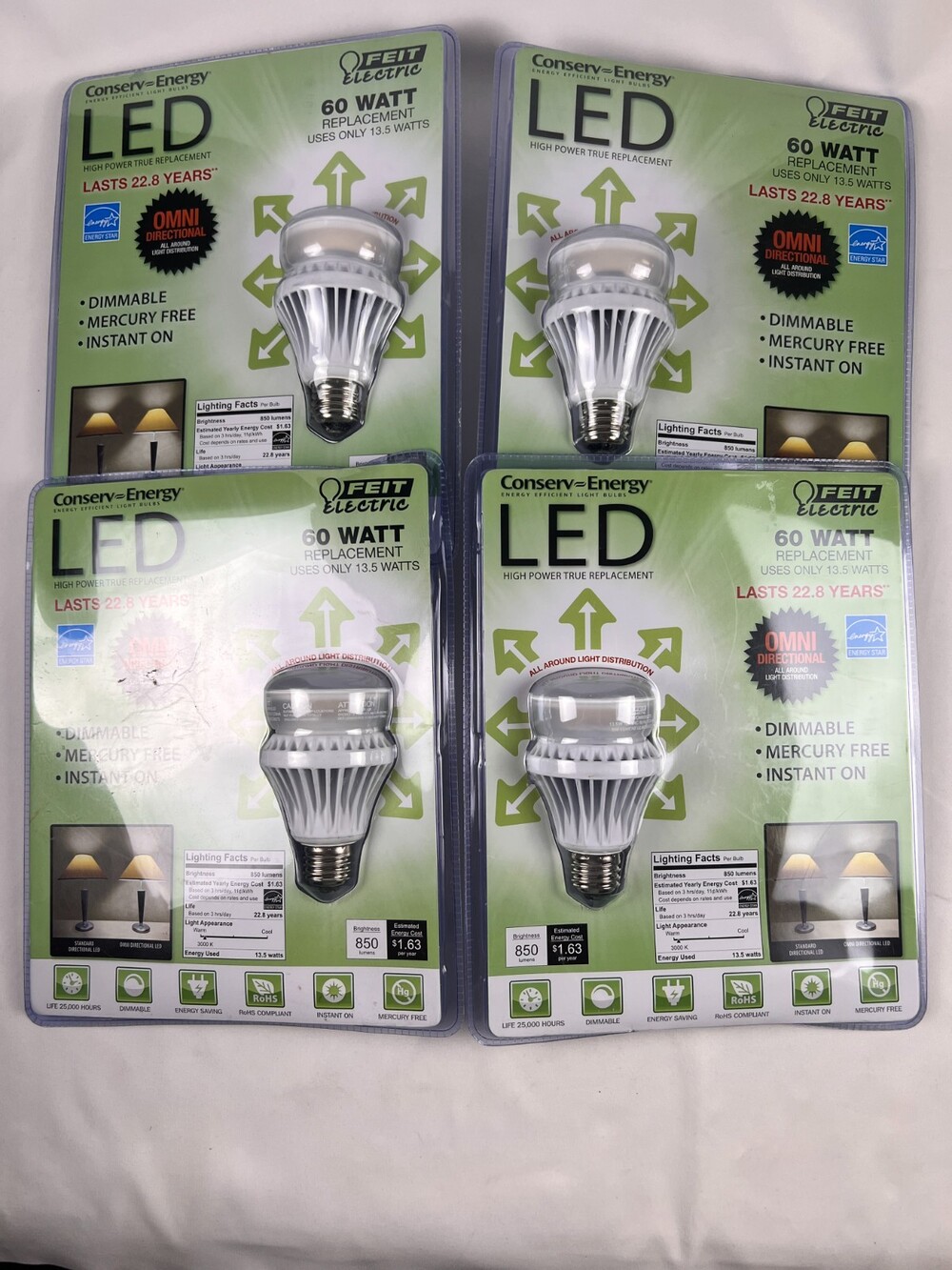 New Feit Electric 60 Watt Replacement LED Bulb Dimmable 13.5W 850 Lumens Lot 4